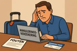 Man kijkt bedenkelijk naar laptop met annuleringsverzekering terwijl documenten en koffer op tafel liggen