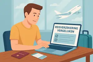 Persoon vergelijkt reisverzekeringen online met laptop en vakantiespullen op tafel