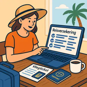 Toerist bekijkt verschillende reisverzekeringen op laptop met koffers en kaart op tafel